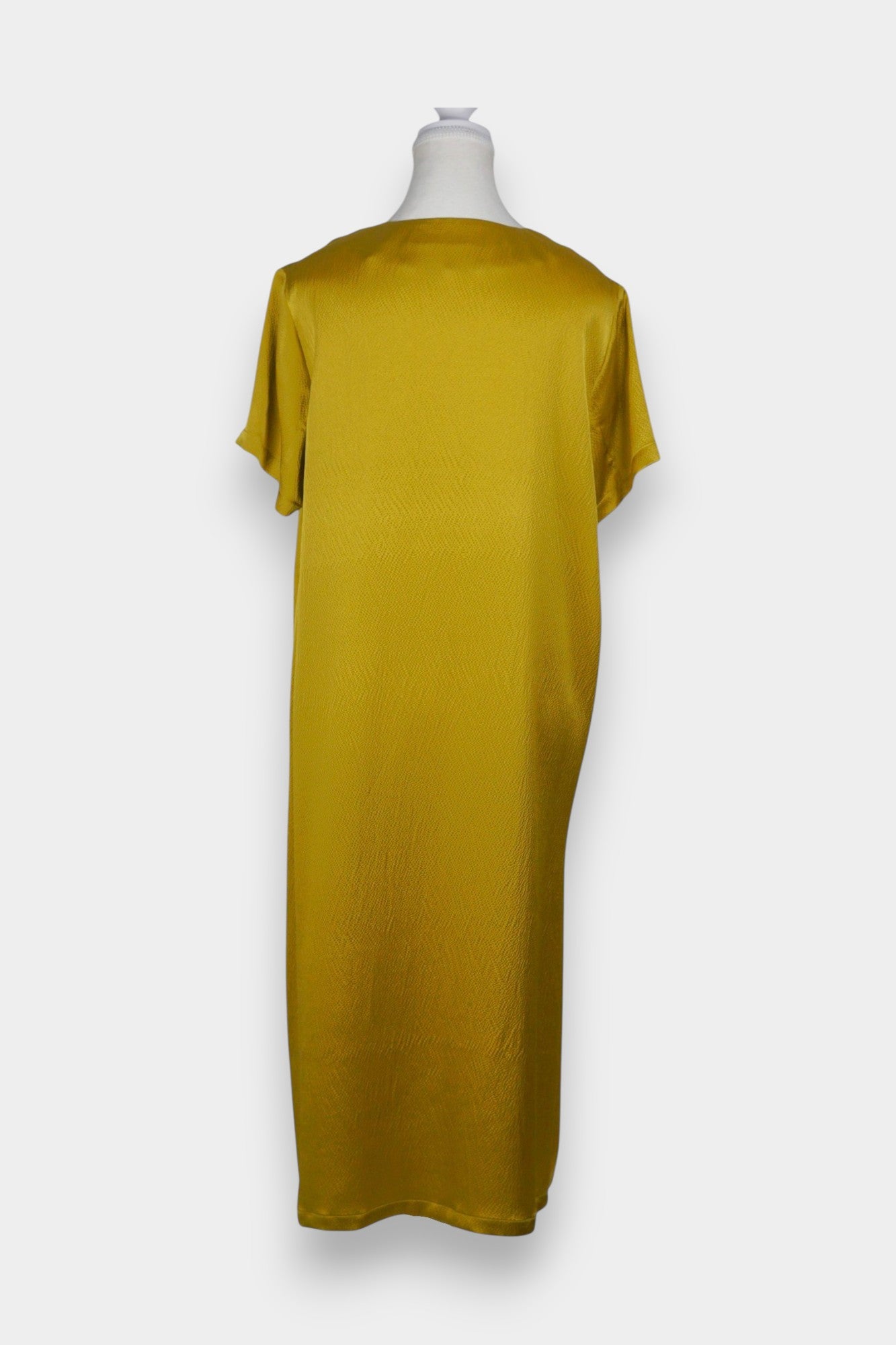 Mustard yellow midi shift dress featuring unique horizontal loop button detailing on the chest