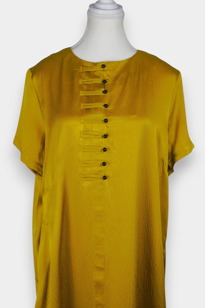 Mustard yellow midi shift dress featuring unique horizontal loop button detailing on the chest