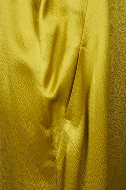 Mustard yellow midi shift dress featuring unique horizontal loop button detailing on the chest