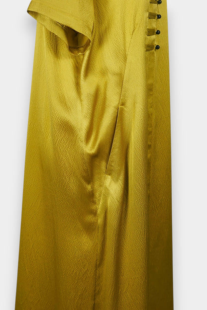 Mustard yellow midi shift dress featuring unique horizontal loop button detailing on the chest