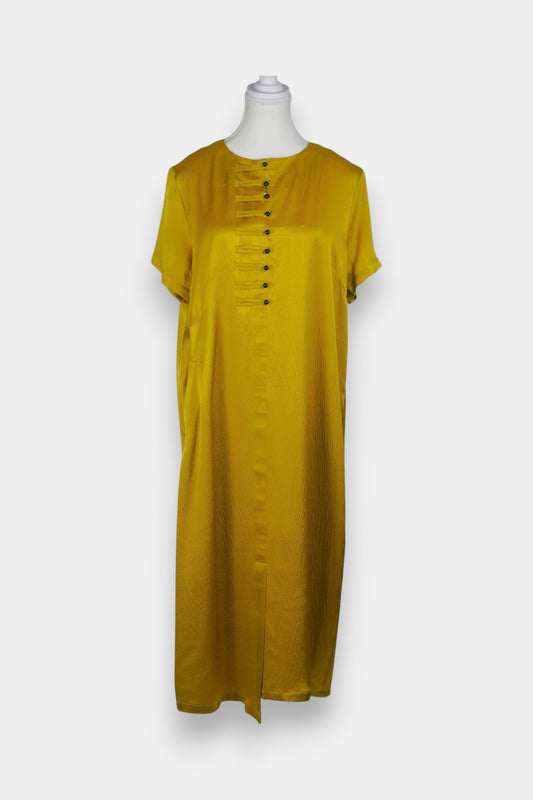 Loose-fit gold textured dress with round neck and a row of structural loop fasteners