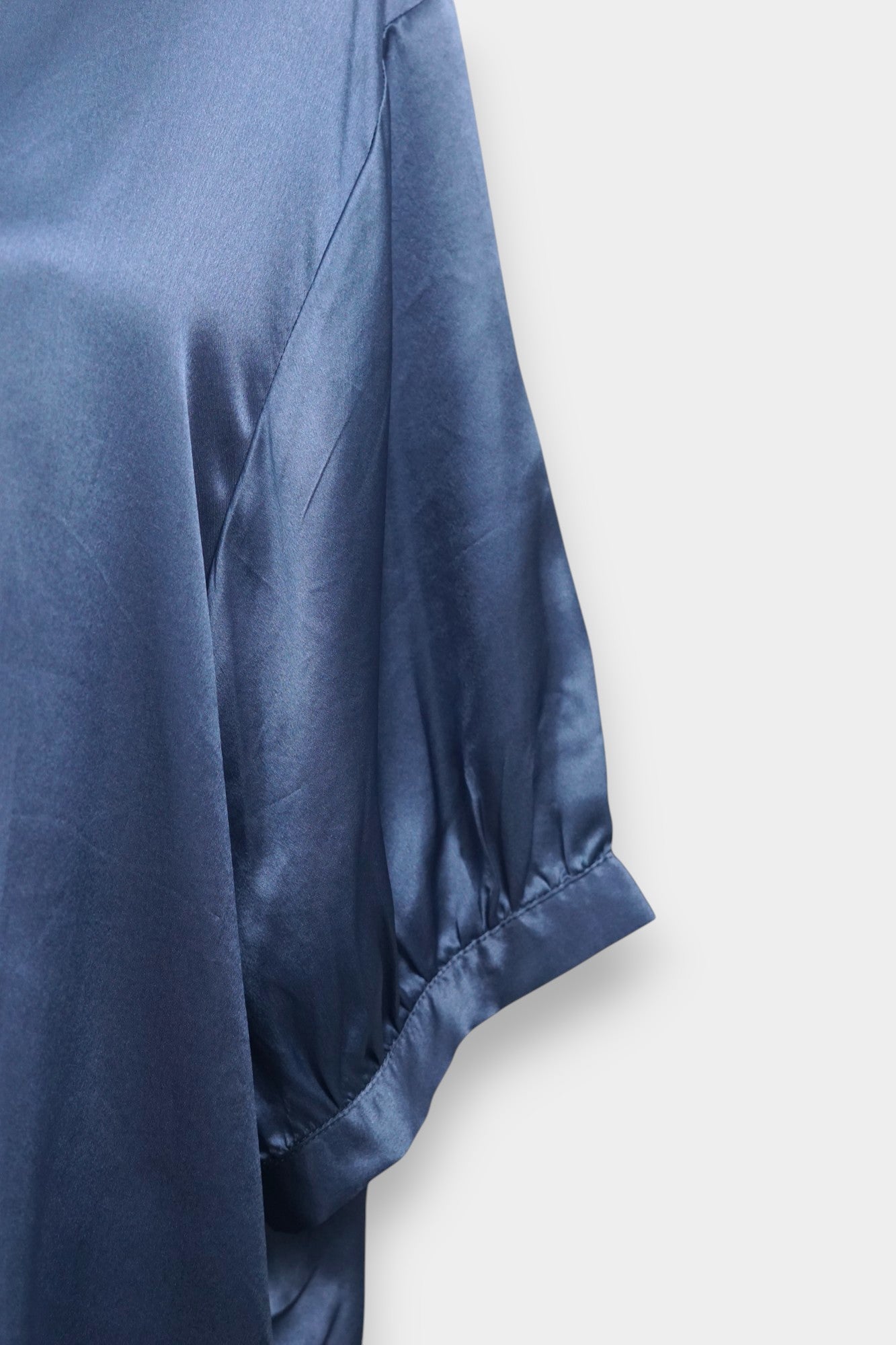 Women's minimalist silk blouse, steel blue short sleeve satin shirt with round neck for summer workwear.