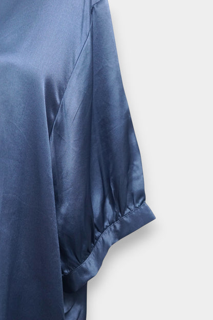 Women's minimalist silk blouse, steel blue short sleeve satin shirt with round neck for summer workwear.