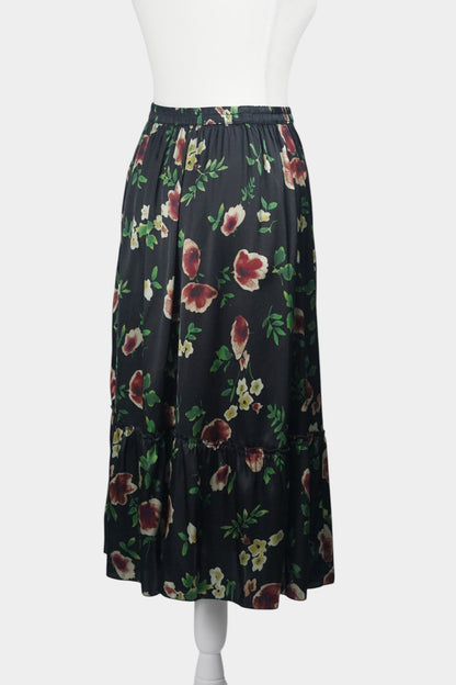 Black floral silk midi skirt with elastic waistband and tiered ruffle hem
