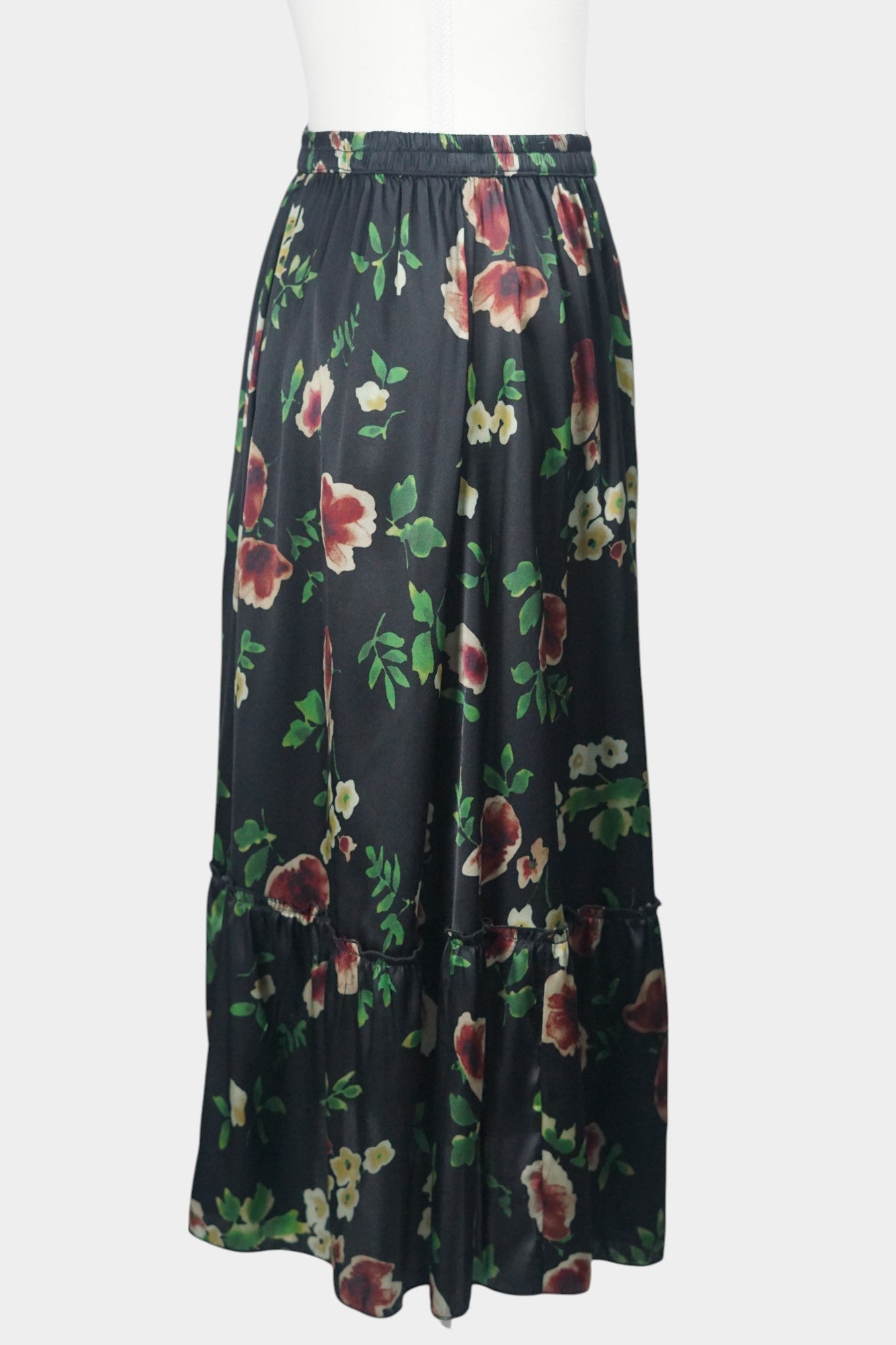 Black floral silk midi skirt with elastic waistband and tiered ruffle hem