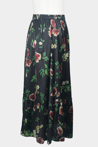 Black floral silk midi skirt with elastic waistband and tiered ruffle hem