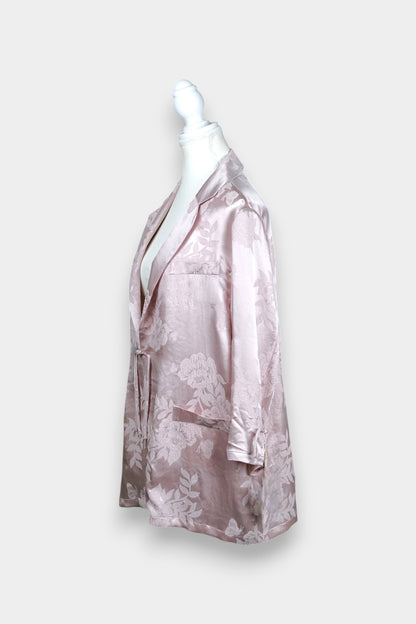 Dusty pink silk jacquard blazer featuring floral pattern and ribbon tie-front closure