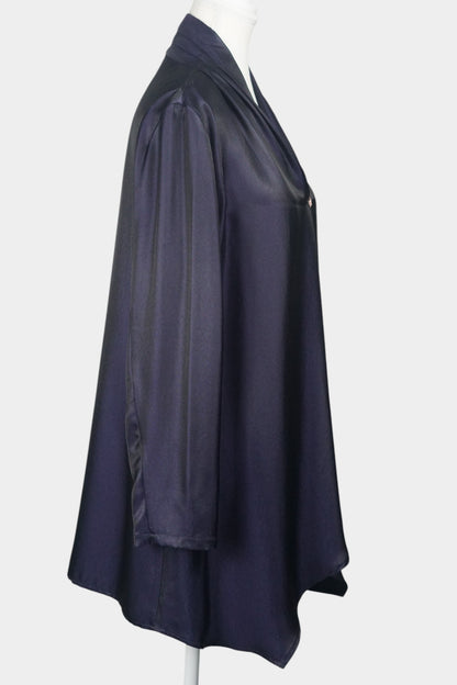 Deep aubergine silk tunic top with long sleeves and flowy pointed hemline