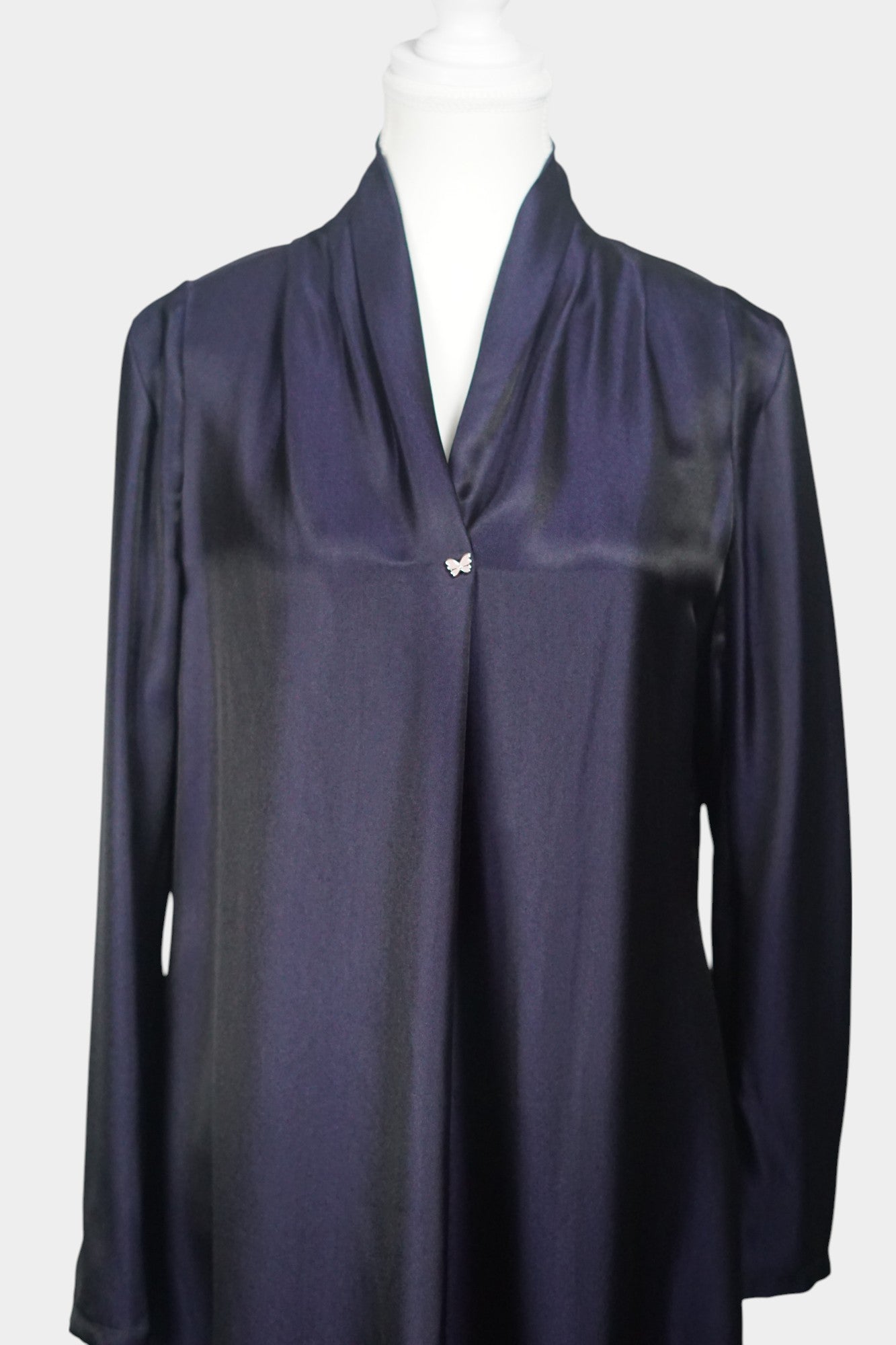 Deep aubergine silk tunic top with long sleeves and flowy pointed hemline