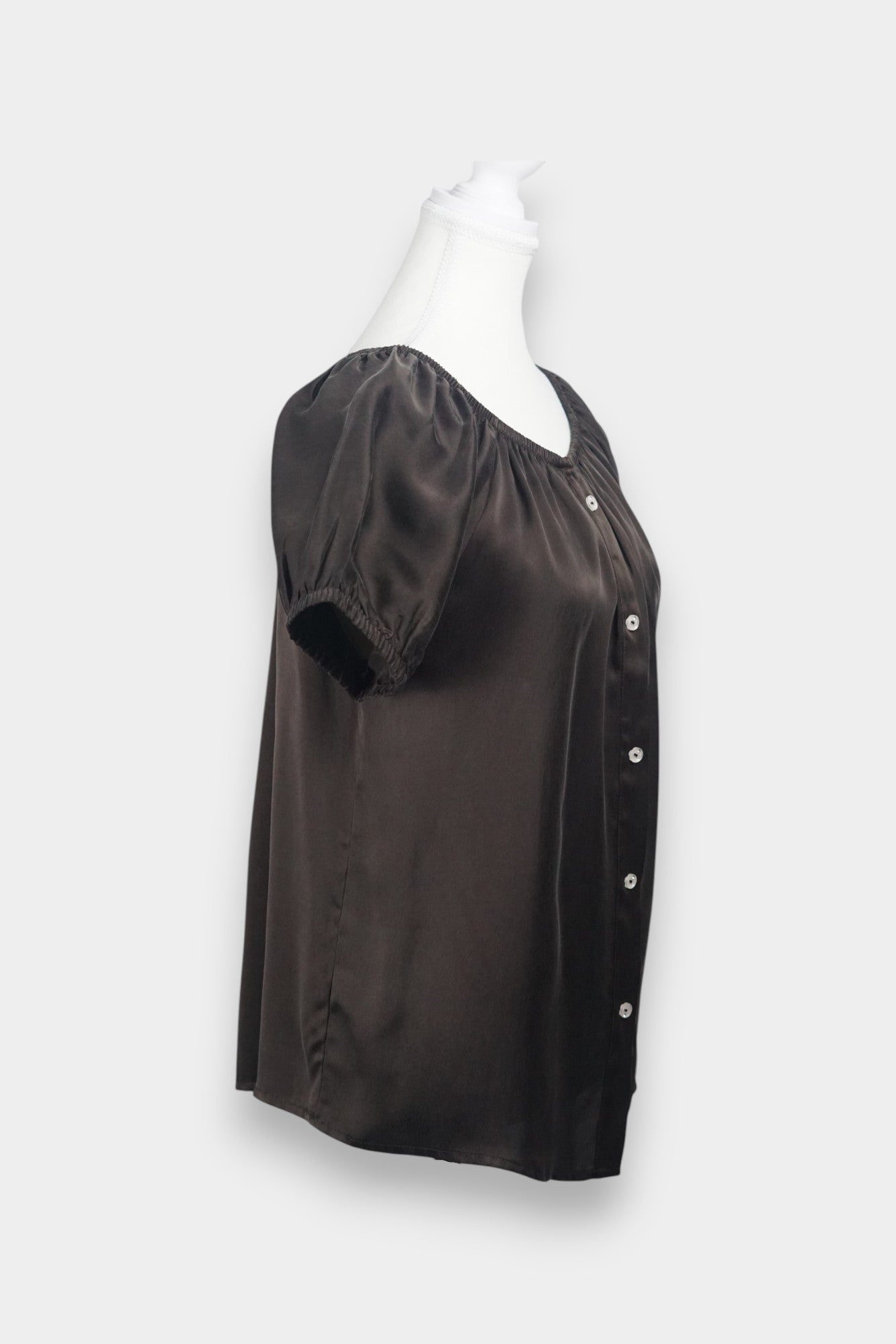 Dark chocolate brown silk button-down blouse featuring a gathered scoop neckline and short puff sleeves