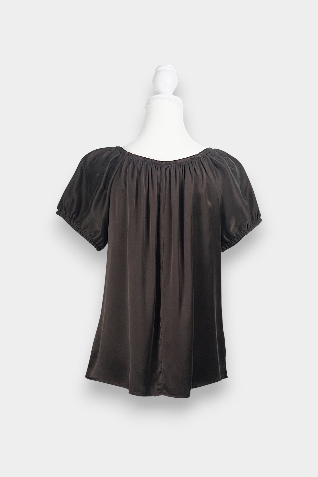 Dark chocolate brown silk button-down blouse featuring a gathered scoop neckline and short puff sleeves