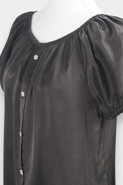 Dark chocolate brown silk button-down blouse featuring a gathered scoop neckline and short puff sleeves