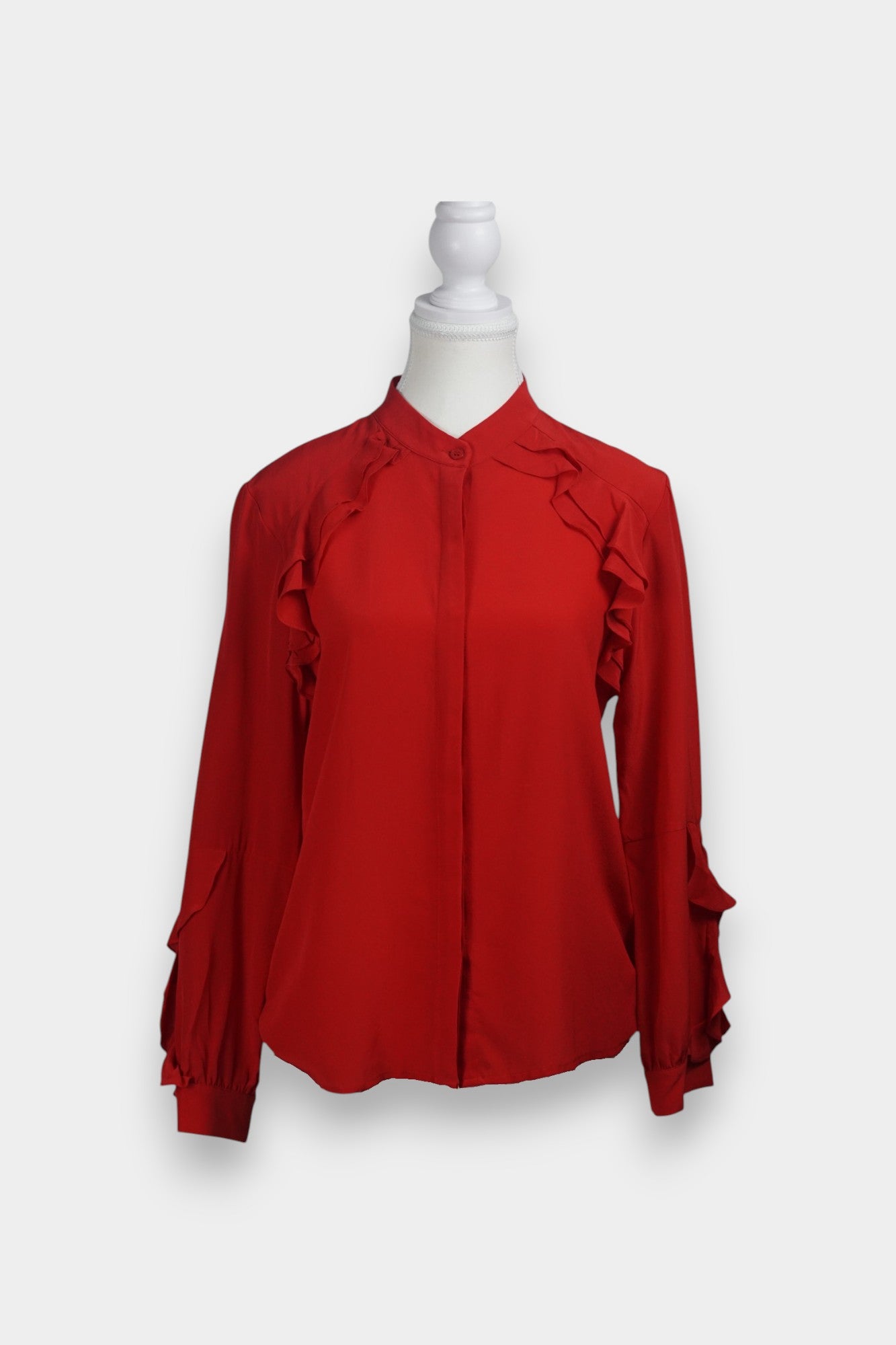 Women's red silk long sleeve top, button-down shirt with cascading ruffles for parties or work