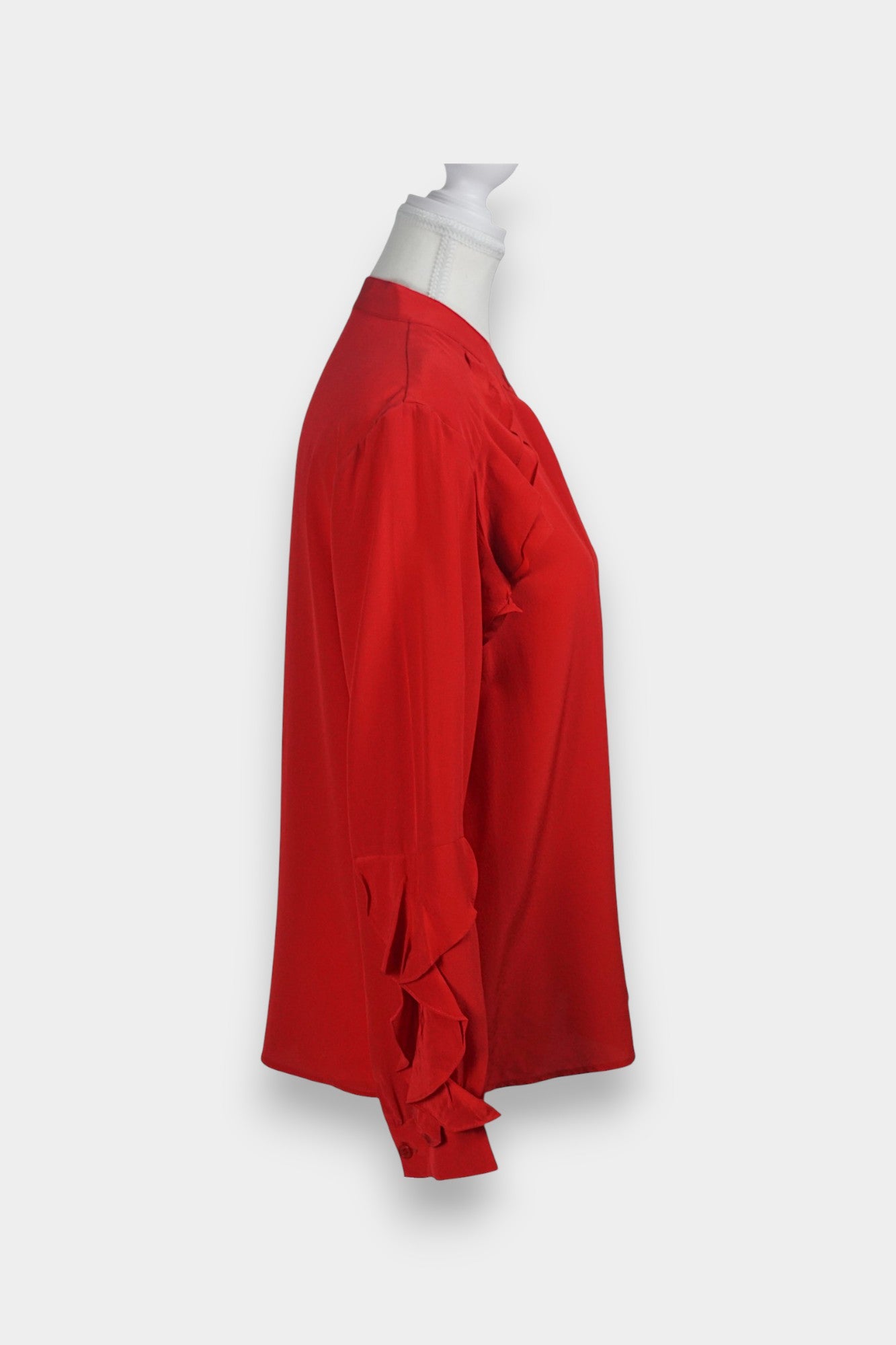 Women's red silk long sleeve top, button-down shirt with cascading ruffles for parties or work