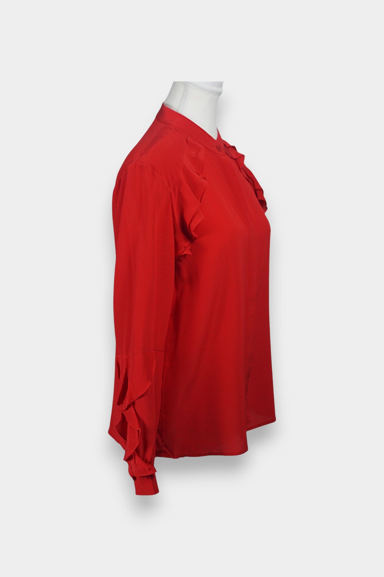 Women's red silk long sleeve top, button-down shirt with cascading ruffles for parties or work