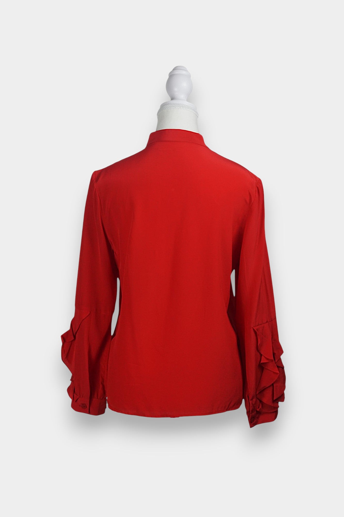 Women's red silk long sleeve top, button-down shirt with cascading ruffles for parties or work