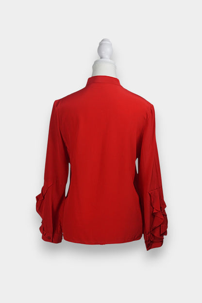 Women's red silk long sleeve top, button-down shirt with cascading ruffles for parties or work