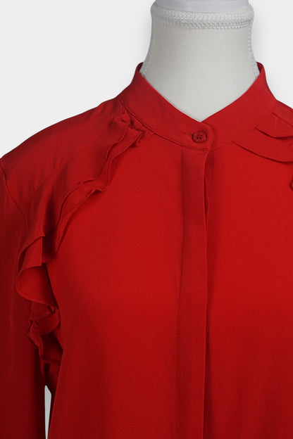 Women's red silk long sleeve top, button-down shirt with cascading ruffles for parties or work