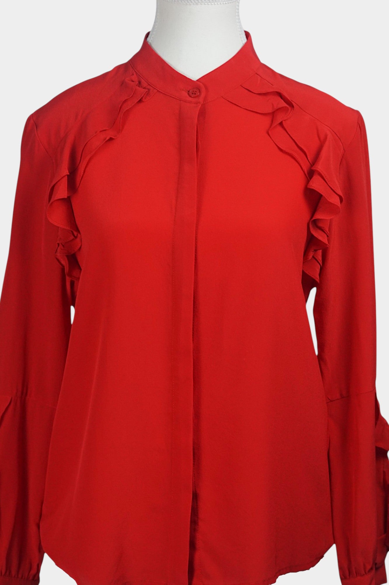 Women's red silk long sleeve top, button-down shirt with cascading ruffles for parties or work