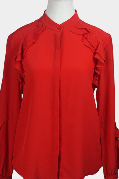 Women's red silk long sleeve top, button-down shirt with cascading ruffles for parties or work