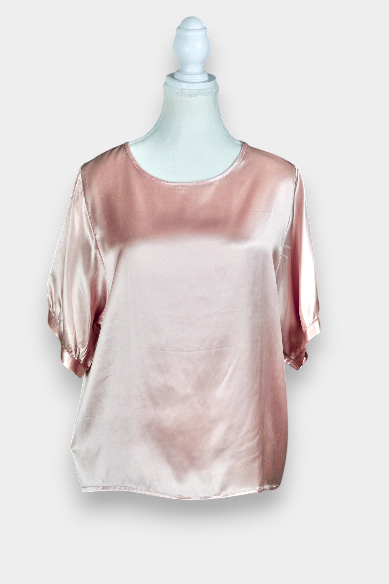 Women's rose gold silk blouse, lustrous pink satin short sleeve shirt for summer workwear
