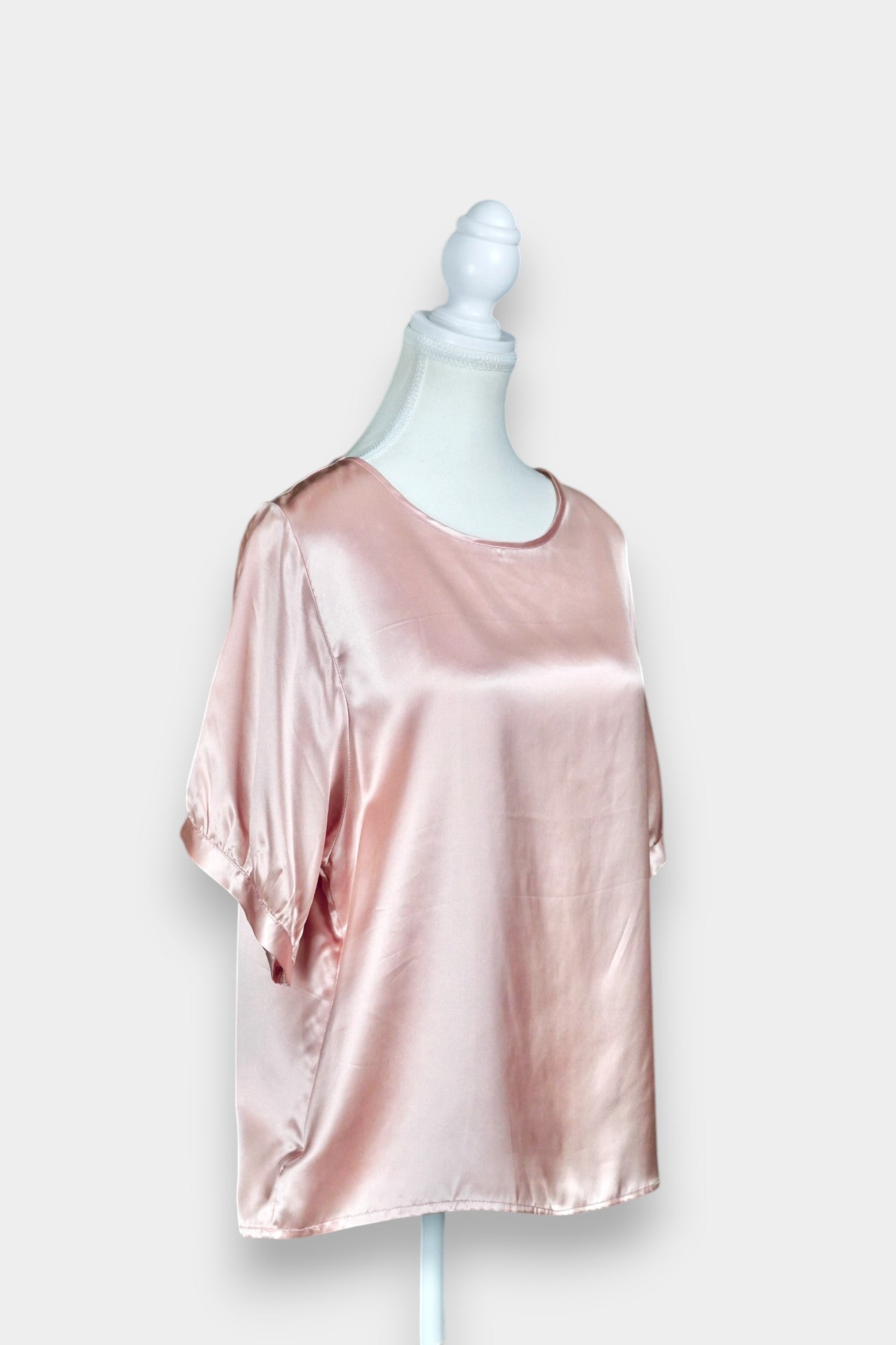 Women's rose gold silk blouse, lustrous pink satin short sleeve shirt for summer workwear