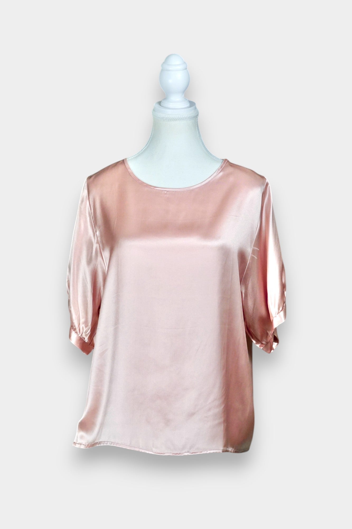 Women's rose gold silk blouse, lustrous pink satin short sleeve shirt for summer workwear