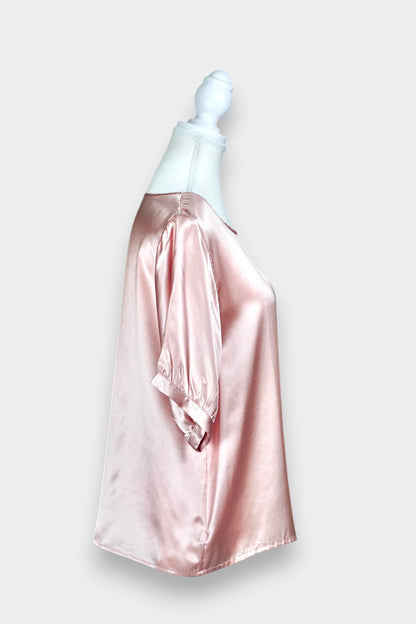 Women's rose gold silk blouse, lustrous pink satin short sleeve shirt for summer workwear