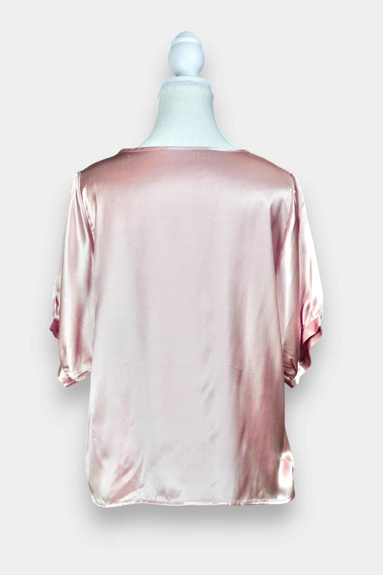 Women's rose gold silk blouse, lustrous pink satin short sleeve shirt for summer workwear