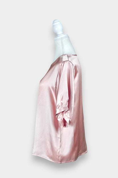 Women's rose gold silk blouse, lustrous pink satin short sleeve shirt for summer workwear