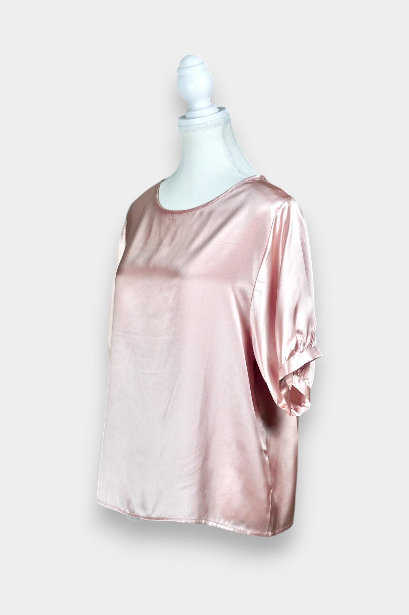 Women's rose gold silk blouse, lustrous pink satin short sleeve shirt for summer workwear