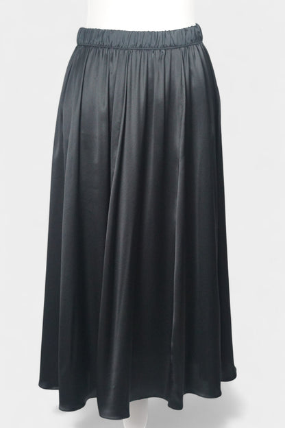 Solid black silk midi skirt featuring a comfortable elastic waistband and gathered A-line silhouette