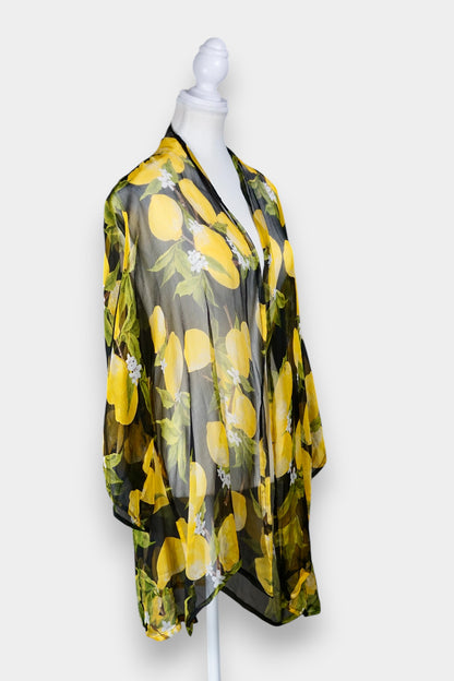 Women's summer beach cover-up, lemon print chiffon cardigan, lightweight holiday outerwear