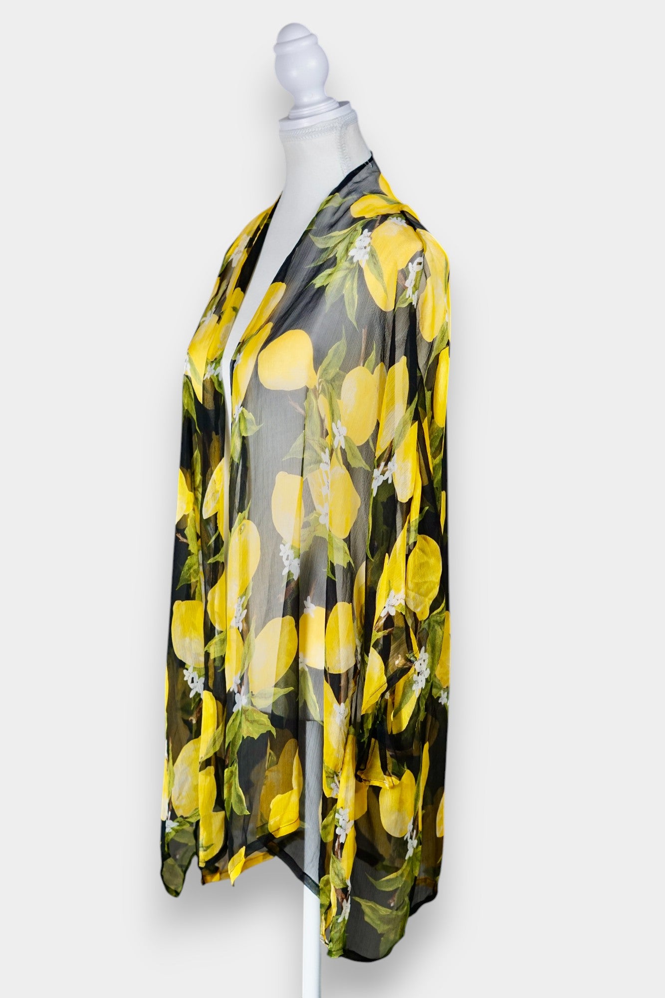 Women's summer beach cover-up, lemon print chiffon cardigan, lightweight holiday outerwear