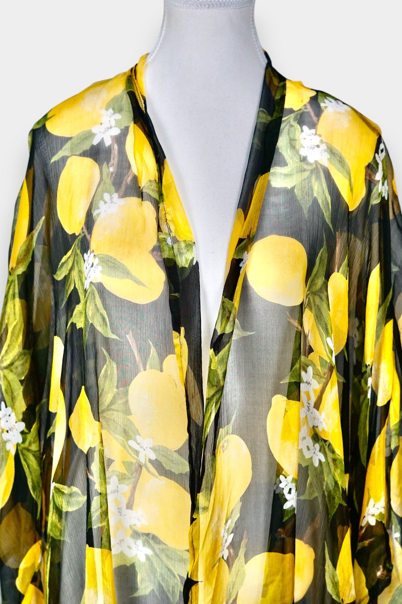 Women's summer beach cover-up, lemon print chiffon cardigan, lightweight holiday outerwear