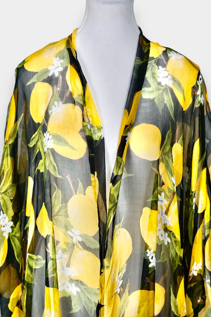 Women's summer beach cover-up, lemon print chiffon cardigan, lightweight holiday outerwear