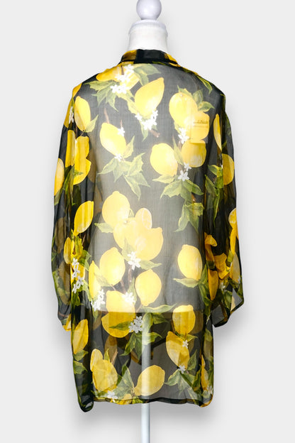 Women's summer beach cover-up, lemon print chiffon cardigan, lightweight holiday outerwear