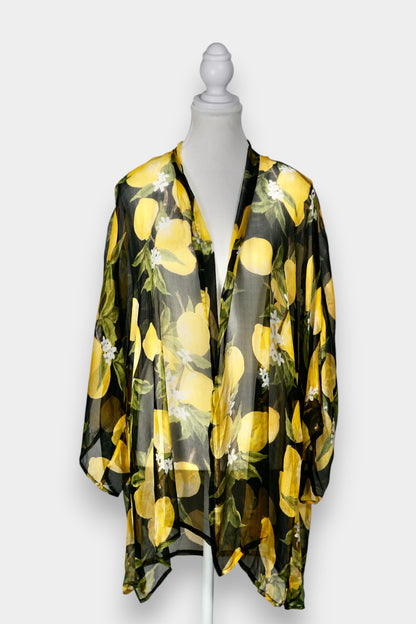 Women's summer beach cover-up, lemon print chiffon cardigan, lightweight holiday outerwear