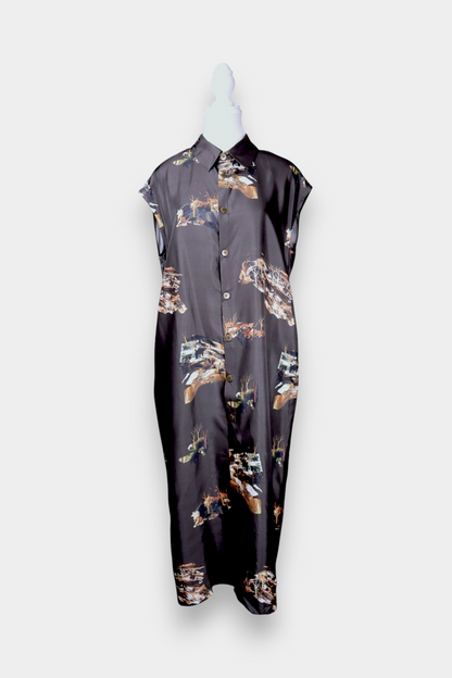 Mulberry Silk Forest Print Cap-Sleeve Shirt Dress