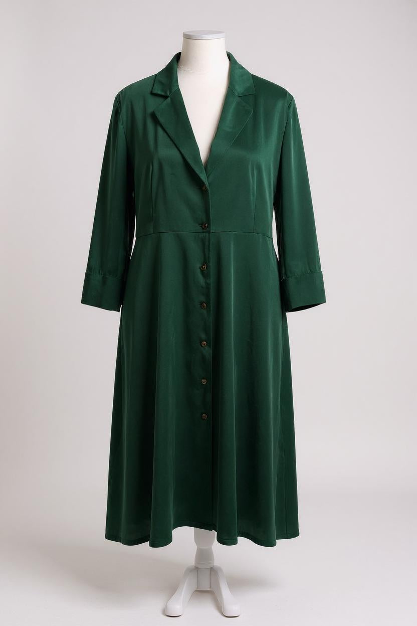 Long sleeve forest green silk shirt dress that can be worn as a lightweight duster jacket
