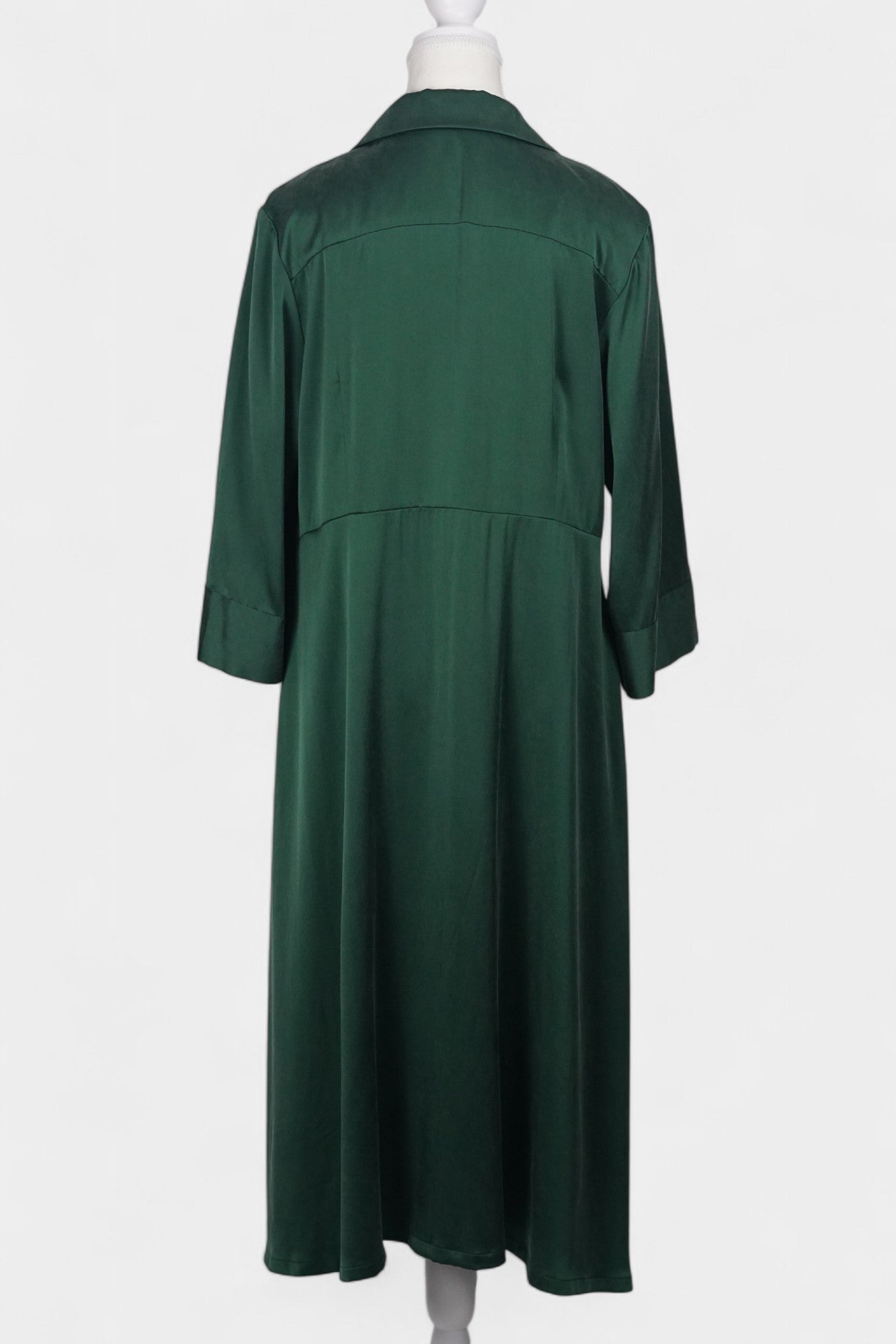 Long sleeve forest green silk shirt dress that can be worn as a lightweight duster jacket