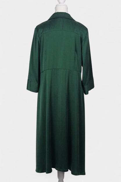 Long sleeve forest green silk shirt dress that can be worn as a lightweight duster jacket