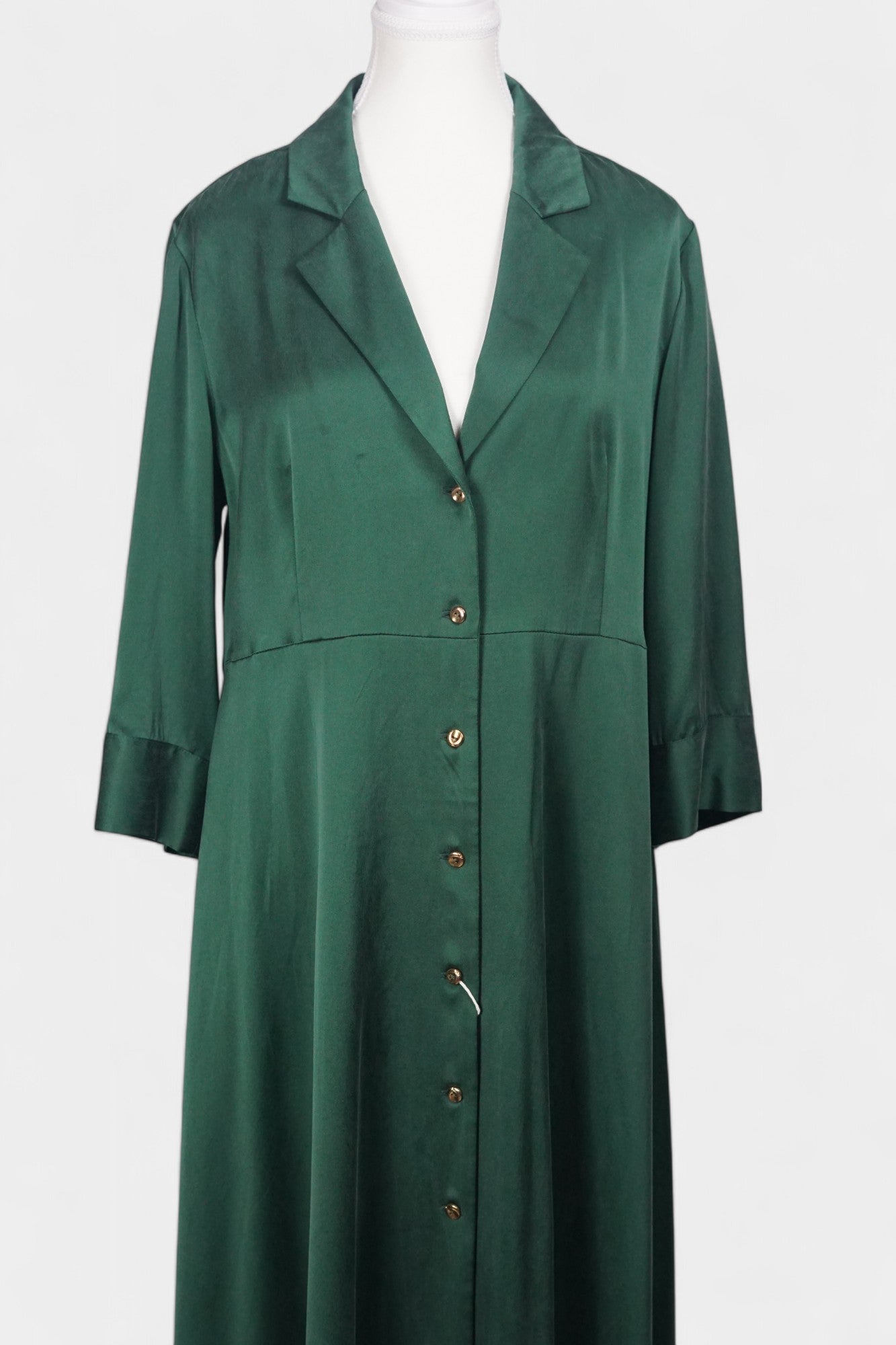 Long sleeve forest green silk shirt dress that can be worn as a lightweight duster jacket