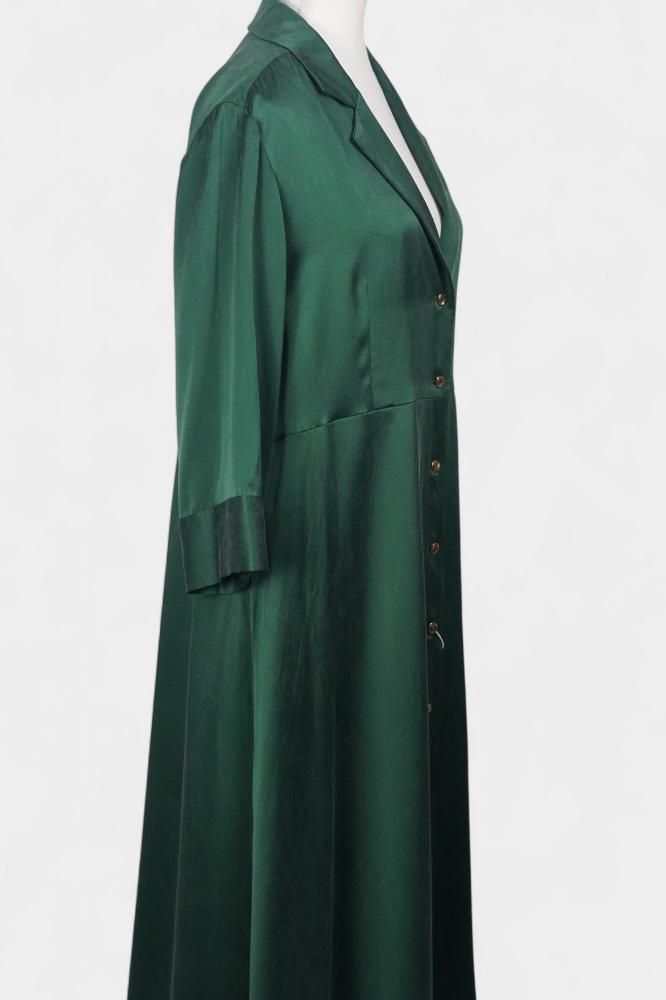 Long sleeve forest green silk shirt dress that can be worn as a lightweight duster jacket