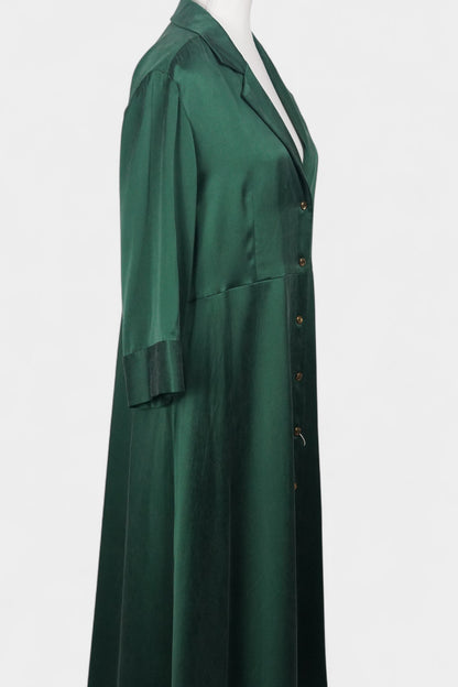 Long sleeve forest green silk shirt dress that can be worn as a lightweight duster jacket