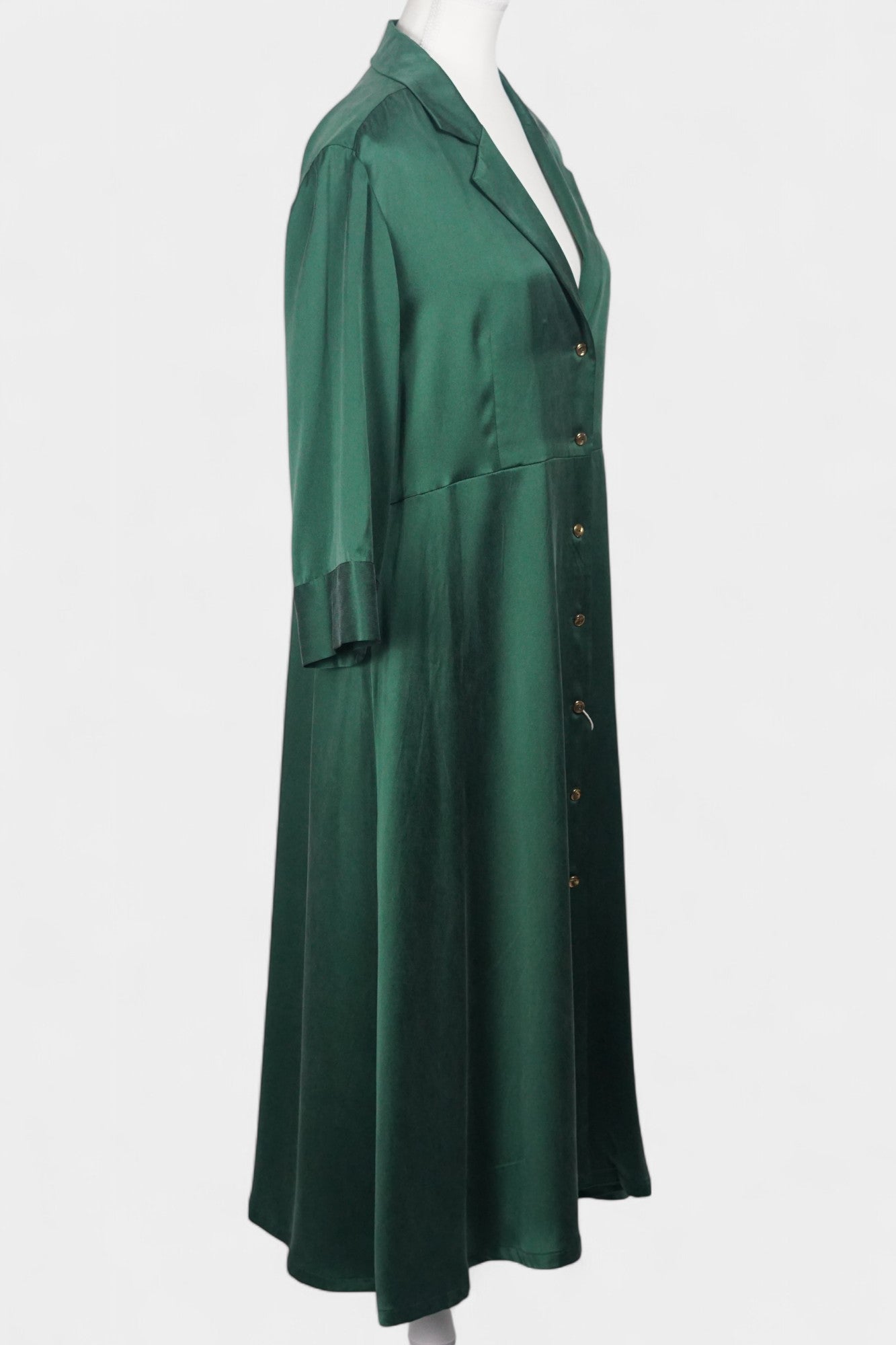 Long sleeve forest green silk shirt dress that can be worn as a lightweight duster jacket