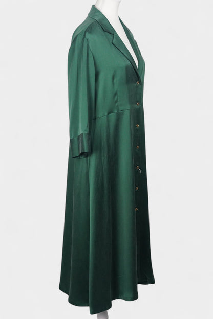 Long sleeve forest green silk shirt dress that can be worn as a lightweight duster jacket