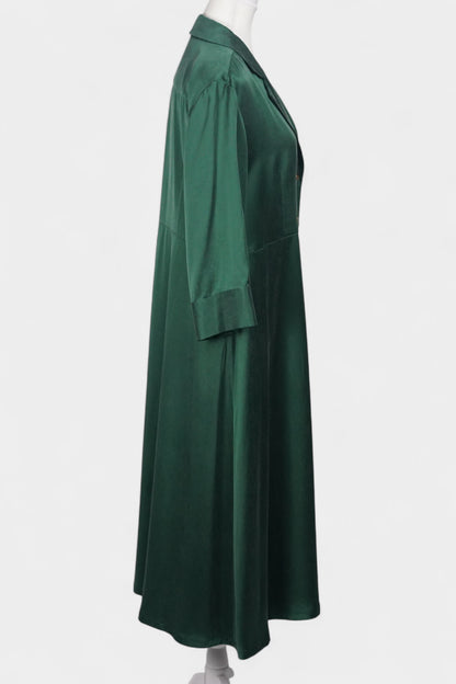 Long sleeve forest green silk shirt dress that can be worn as a lightweight duster jacket