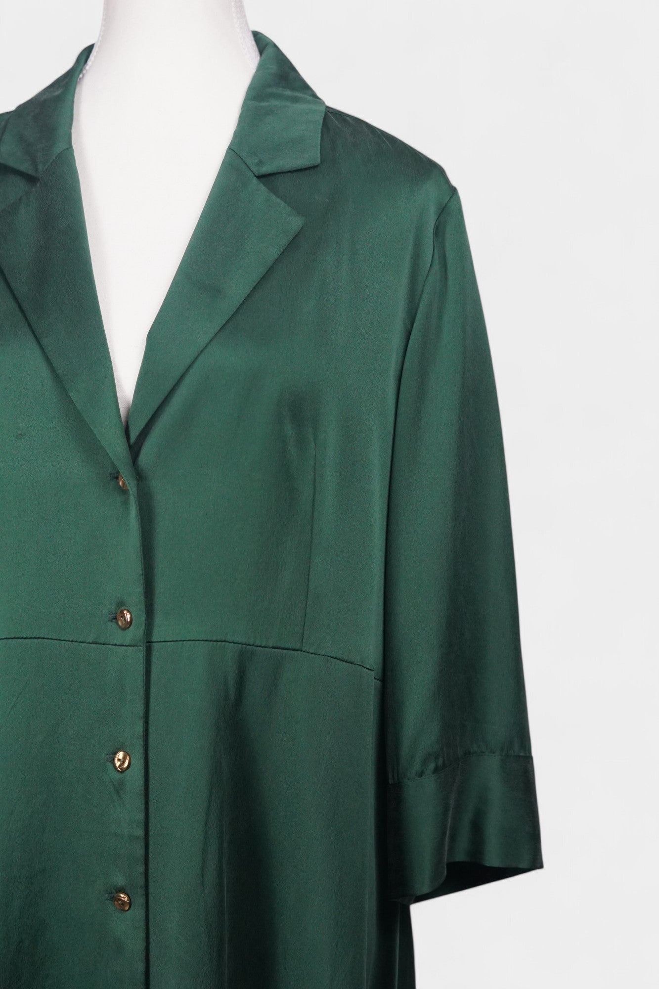 Long sleeve forest green silk shirt dress that can be worn as a lightweight duster jacket