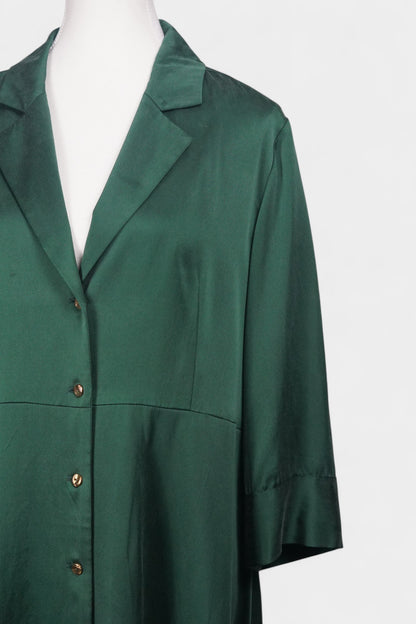 Long sleeve forest green silk shirt dress that can be worn as a lightweight duster jacket